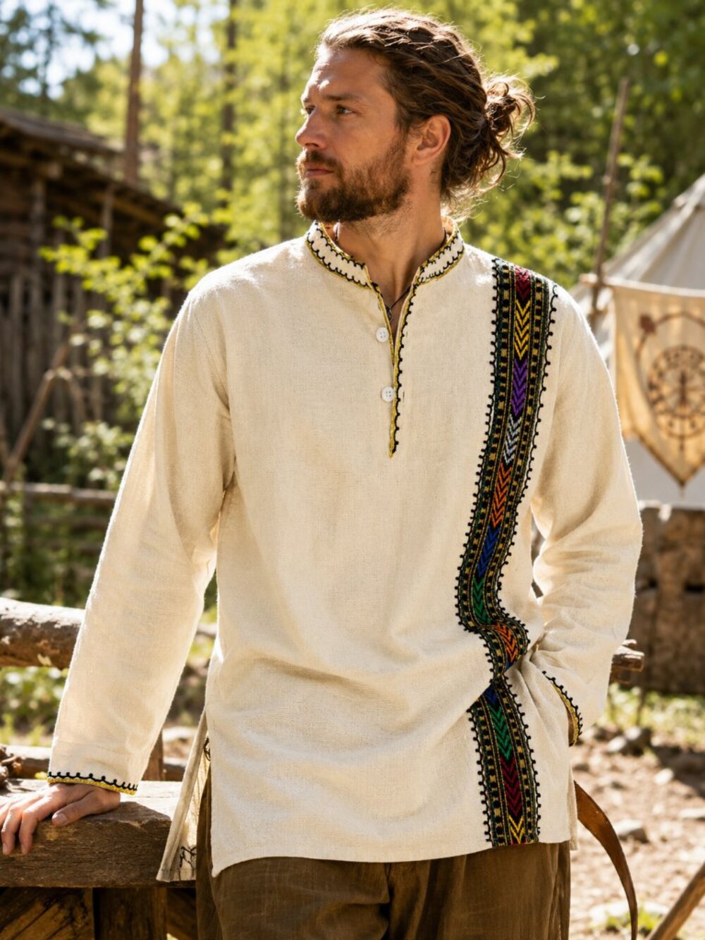 Mens Viking Pagan Folk Boho Festival Tunic Shirt Oatmeal Large L LARP